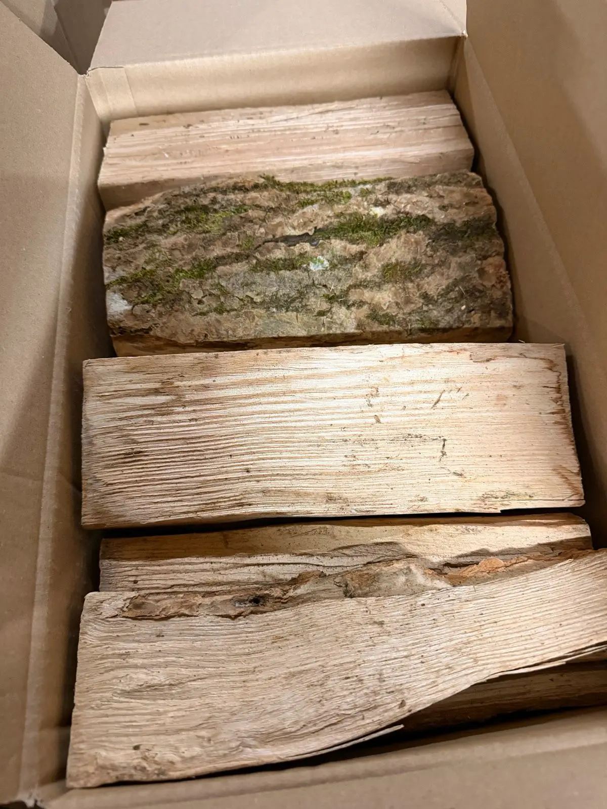 Geöffneter Karton mit Buchenscheiten